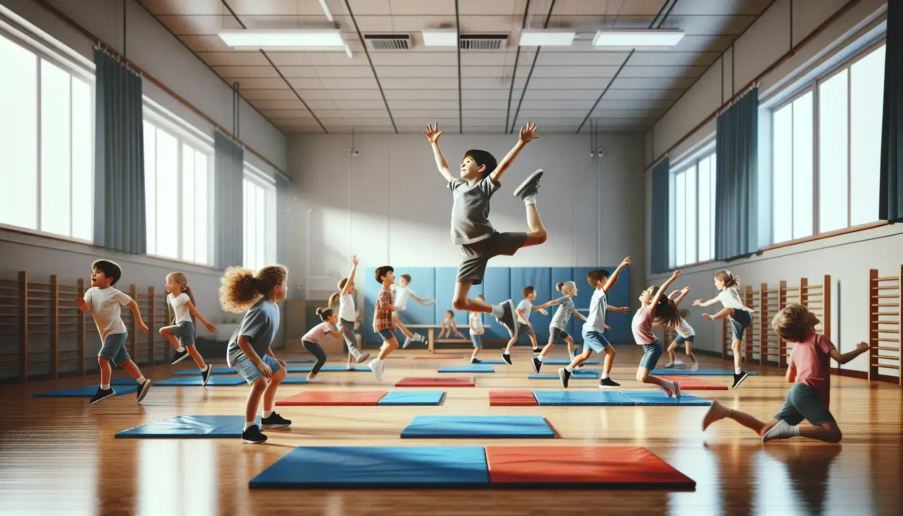 Niños en clase de educación física en gimnasio escolar realizando ejercicios variados, con un niño saltando en el centro y un profesor supervisando.