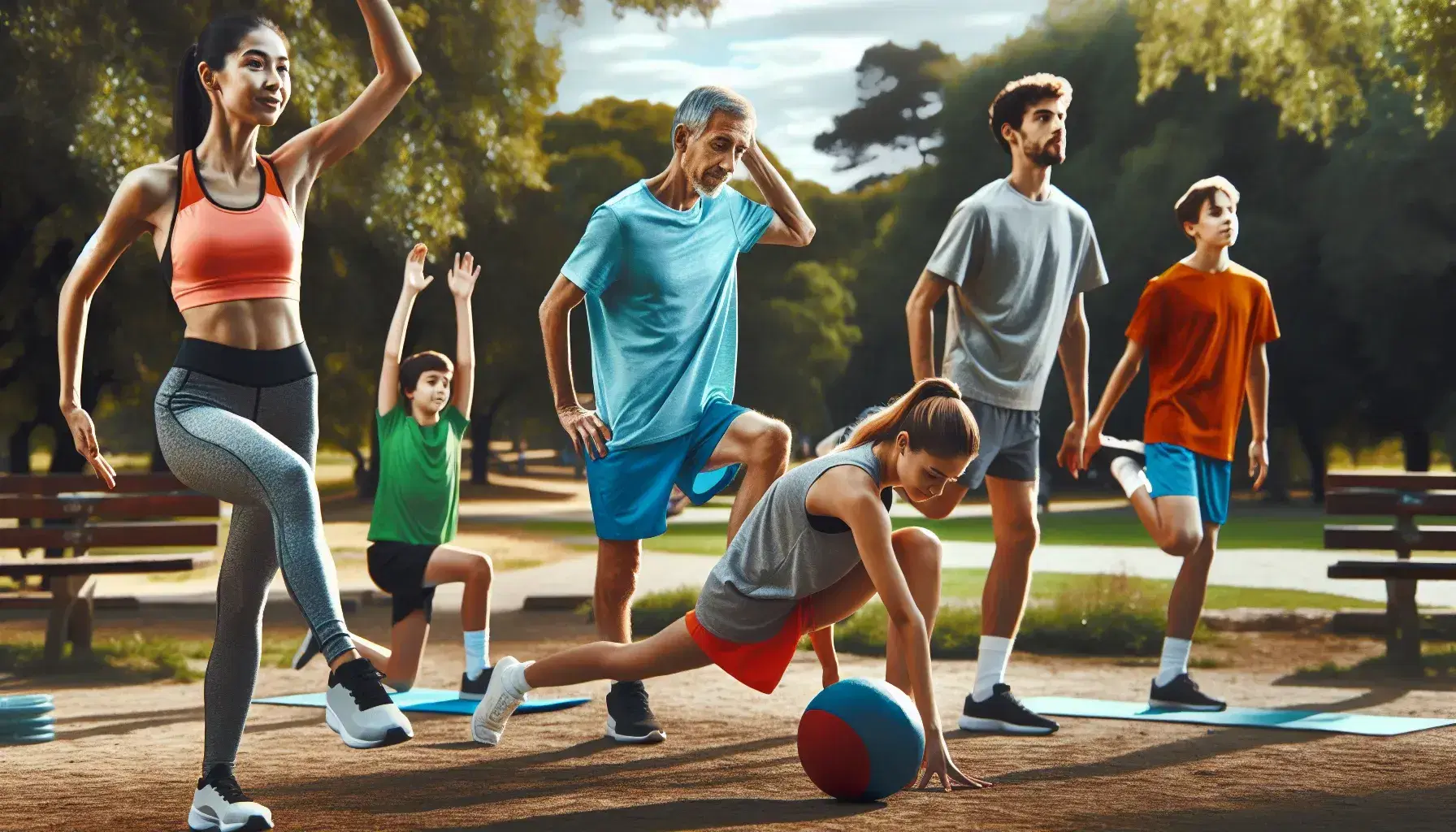 Grupo de cinco personas de diversas edades ejercitándose al aire libre en un parque, con árboles verdes y cielo azul claro.