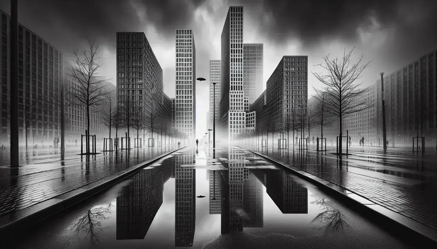 Scena urbana in bianco e nero con edifici alti, strada bagnata riflettente, lampione spento, albero spoglio e figure umane sfocate.