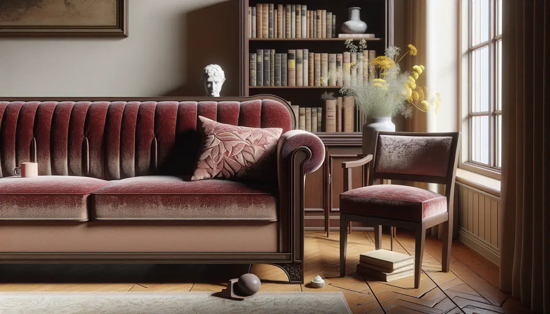 Primer plano de un diván de terapia psicoanalítica con terciopelo rojo oscuro y patas de madera tallada, junto a una silla clásica a juego en una habitación iluminada naturalmente con estantería y flores silvestres.