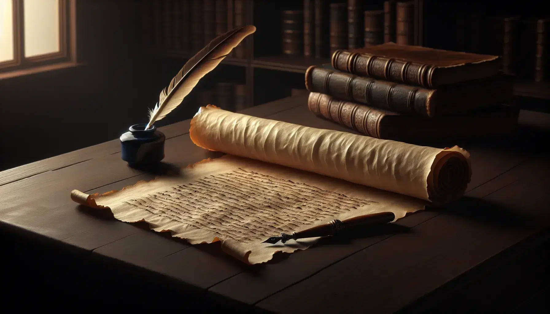 Pergamena antica su tavolo in legno scuro con penna a calamaio e inchiostro blu cobalto, sfondo sfocato di libreria con libri rilegati.