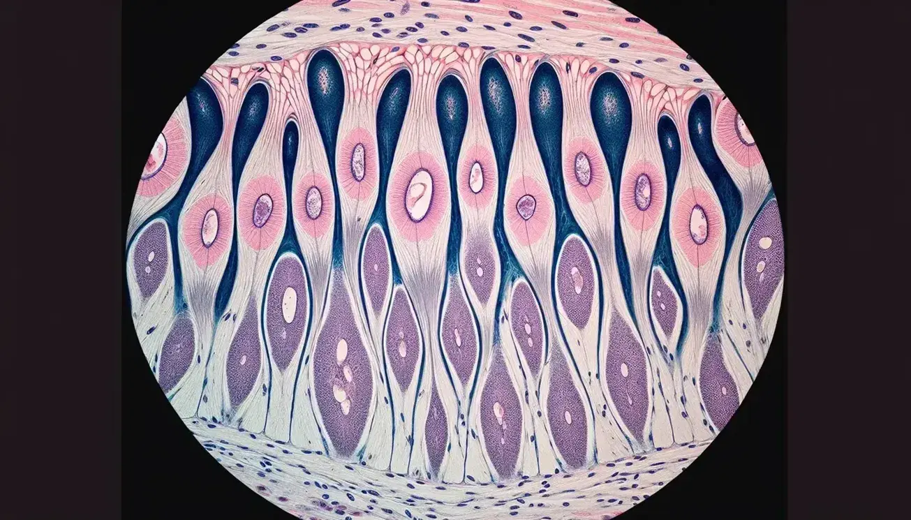Sezione microscopica di tessuto muscolare liscio con cellule fusiformi, nuclei ovali e matrice extracellulare colorata, senza testo o simboli.