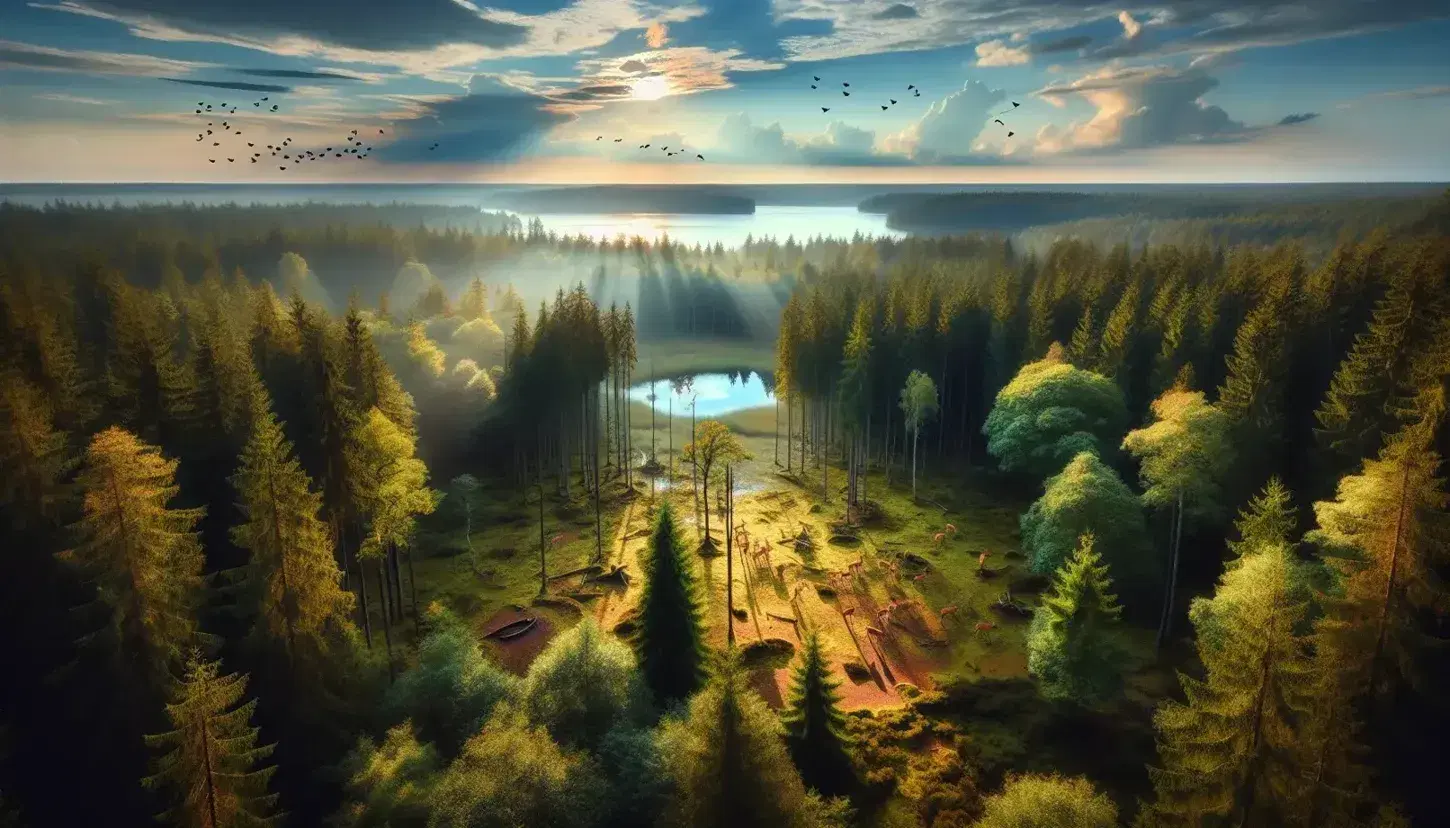 Bosque denso con ciervos pastando en un claro, rayos de sol filtrándose entre árboles, lago azul en el fondo y ave volando en cielo parcialmente nublado.
