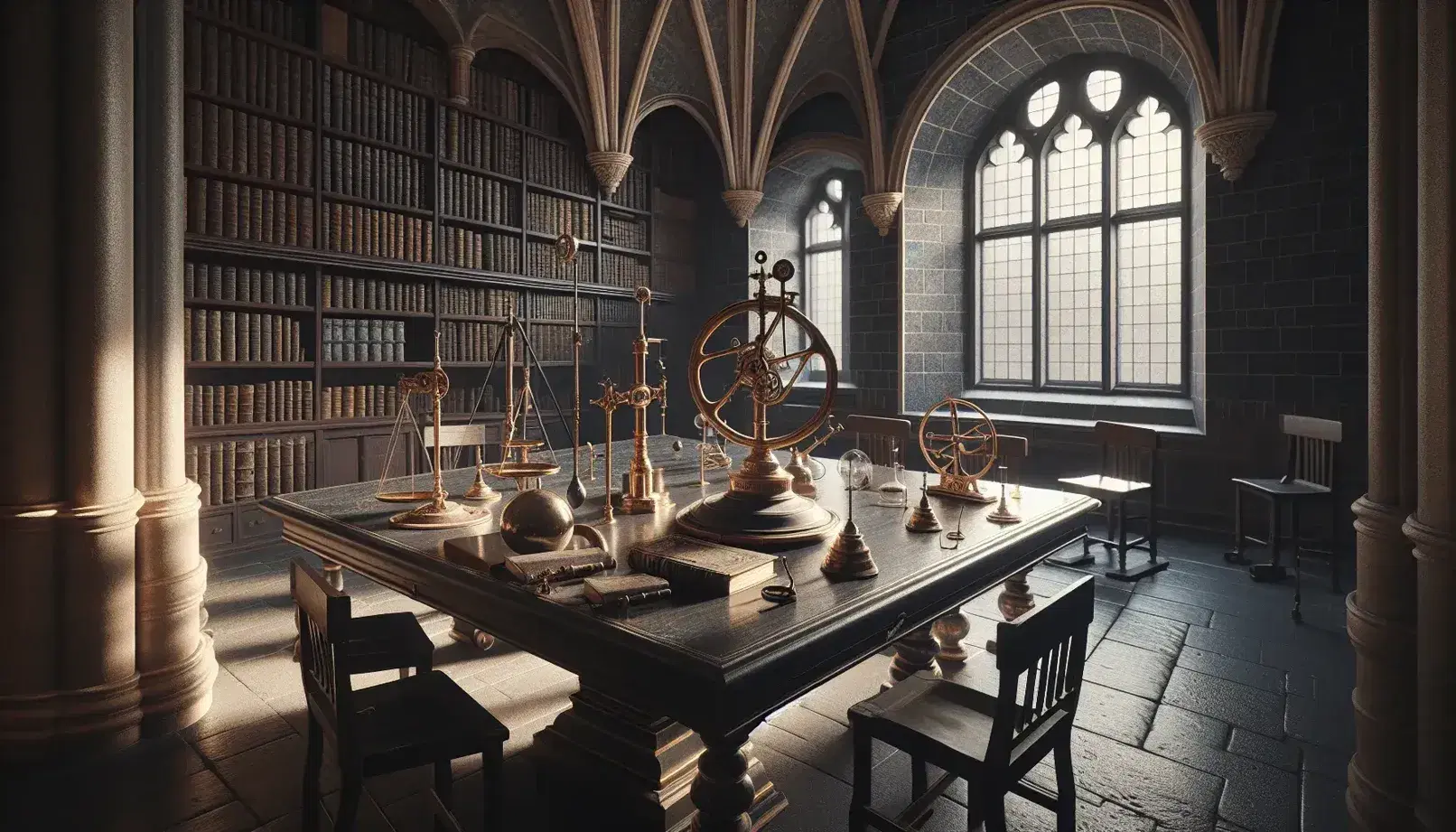 Aula universitaria antica con tavolo in legno, strumenti scientifici vintage, telescopio astronomico e libreria con volumi rilegati.