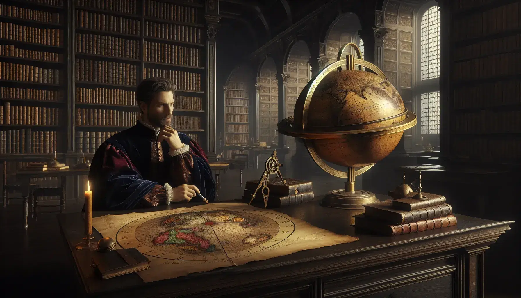 Biblioteca renacentista con mesa de madera, globo terráqueo antiguo y astrolabio de bronce, figura humana en atuendo de época y estatua de mármol.