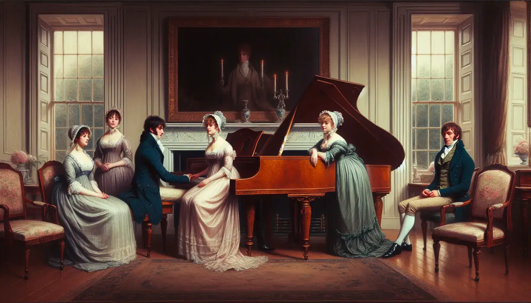 Regency-era drawing room with four individuals in period attire, women at a piano and holding a book, men engaged in conversation, elegant furnishings.