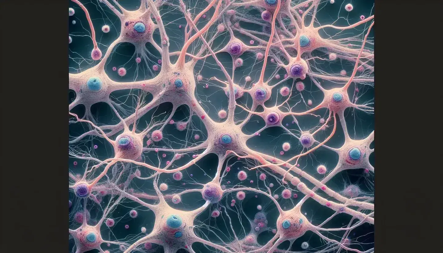 Vista microscópica de neuronas interconectadas con cuerpos celulares y extensiones de dendritas y axones en una red compleja, destacados por tinción en tonos rosados y azules.
