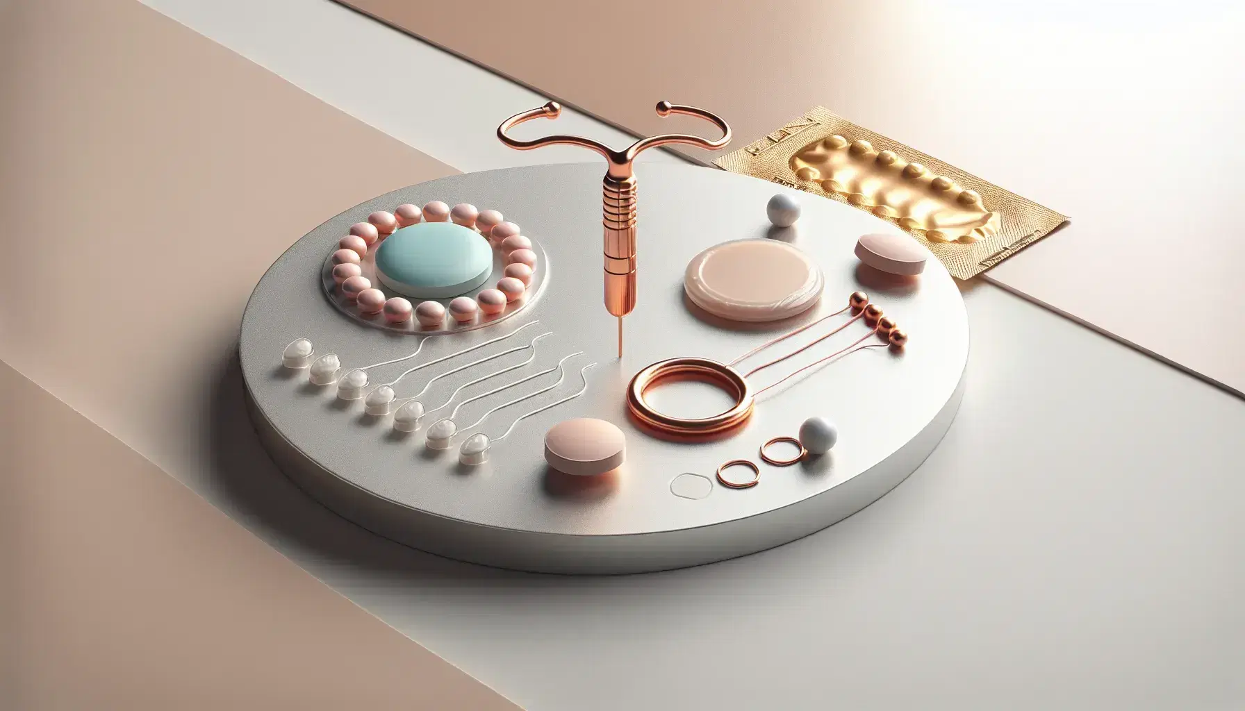 Dispositivo intrauterino de cobre en forma de T, blíster de píldoras anticonceptivas, condón sellado y anillo vaginal junto a ilustración de implante subdérmico.