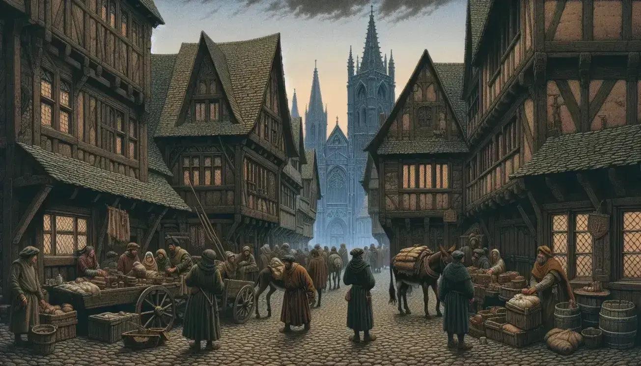 Medieval street scene with people in period clothing and donkey carts on cobblestones, half-timbered buildings and gothic cathedral in the background.