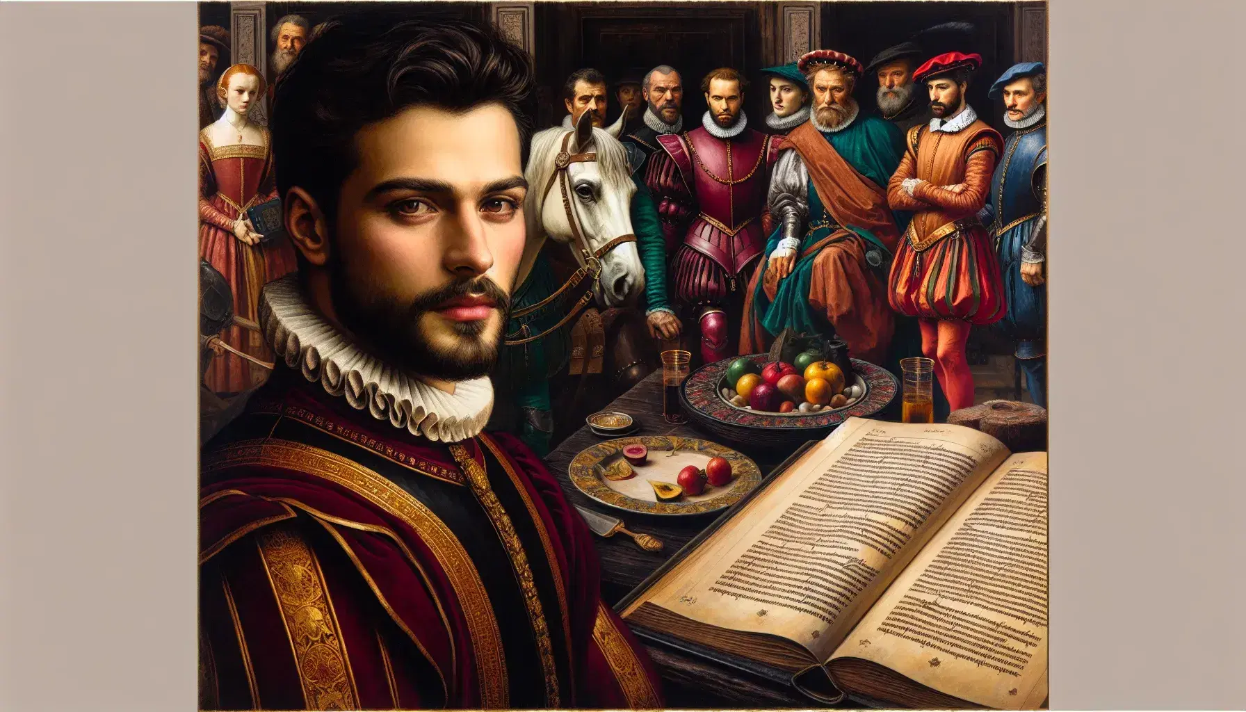 Ritratto rinascimentale di uomo con barba e abito rosso scuro, sfondo con scena di corte e cavaliere accanto a cavallo bianco, libro aperto in primo piano.