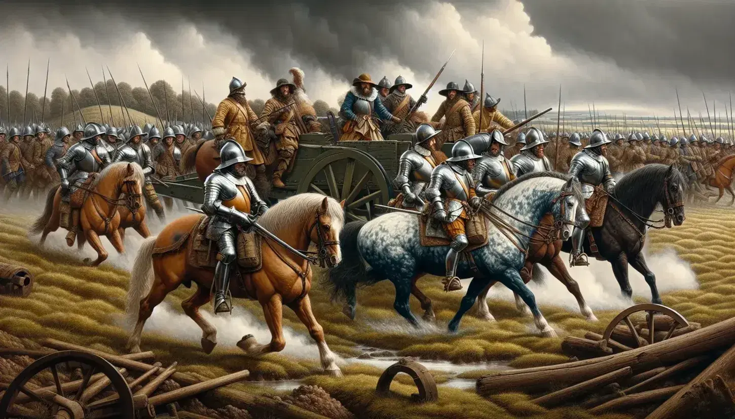 17th-century English Civil War scene with soldiers in period attire, engaging in combat with pikes, muskets, and on horseback, under a cloudy sky.