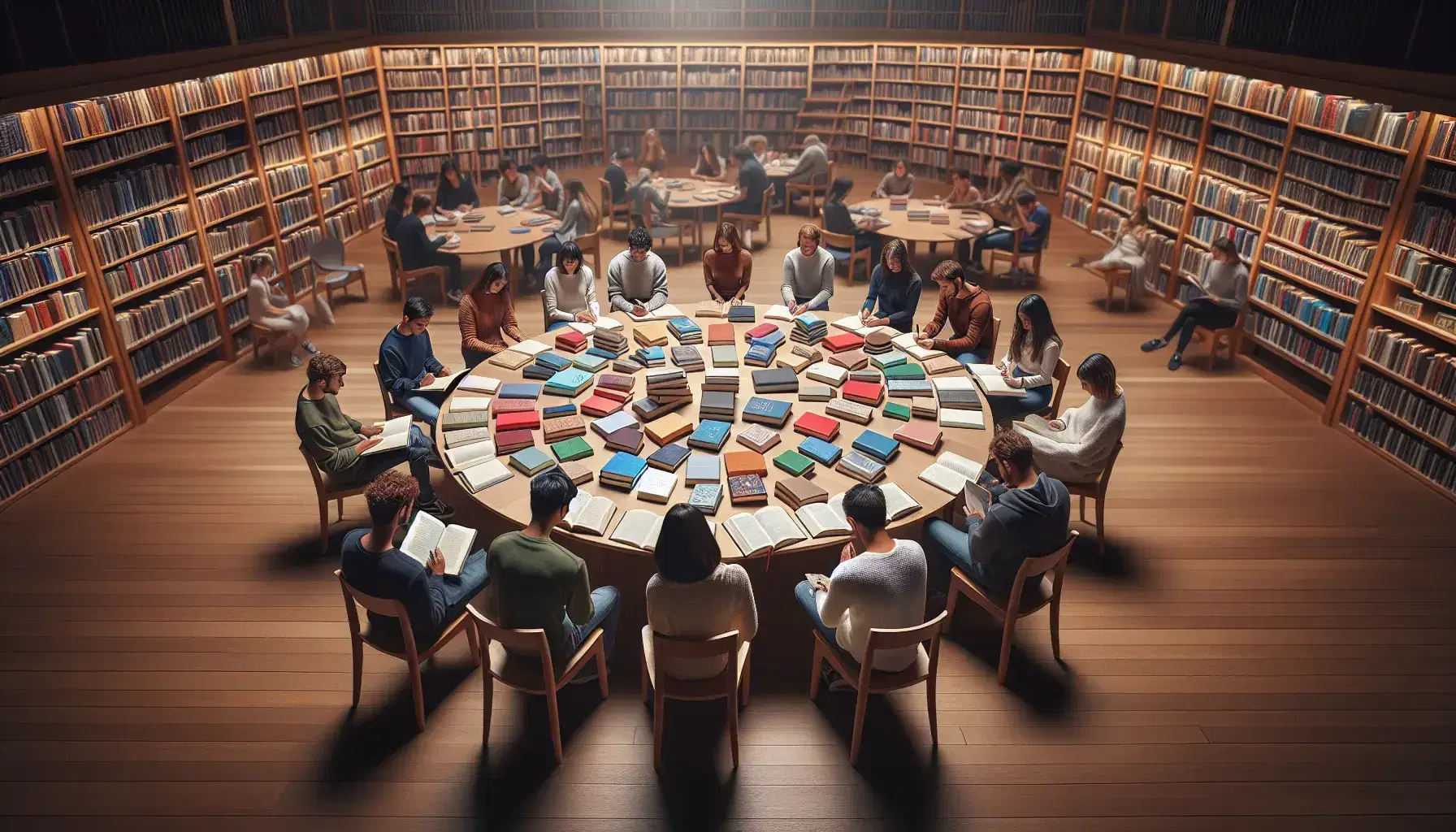Estudiantes concentrados leyendo y escribiendo en una biblioteca, rodeando una mesa con libros apilados, estantes llenos al fondo y luz cálida.