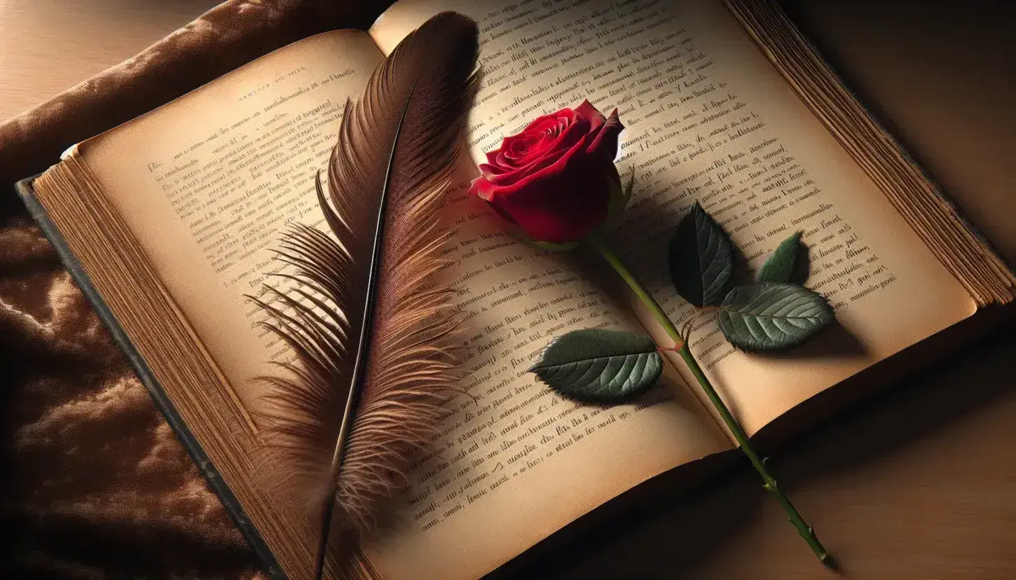Vintage book with yellowed pages adorned by a dark brown feather and a vibrant red rose on a wooden table, bathed in natural light.