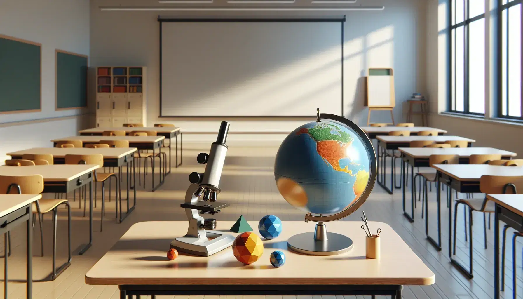 Aula luminosa con pizarra blanca, mesa con globo terráqueo, figuras geométricas y microscopio, y filas de pupitres vacíos.