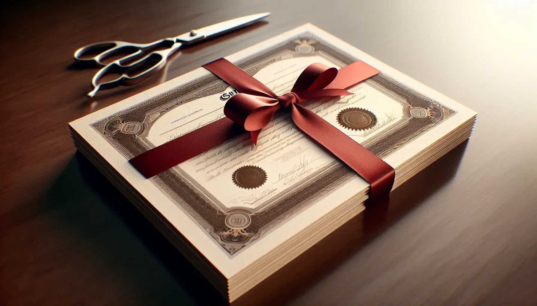 Stack of unmarked bond certificates tied with red ribbon on a mahogany desk, embossed seal visible, silver scissors in the background.