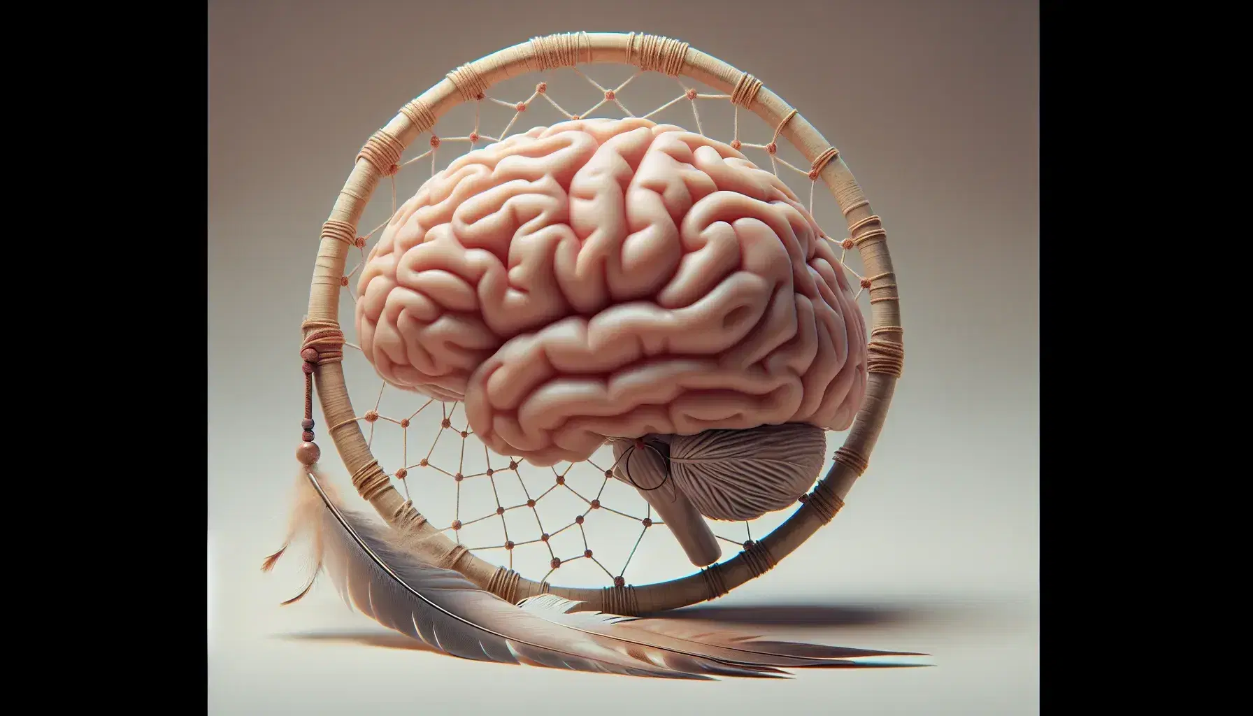 Detailed human brain model with visible left hemisphere and Native American dream catcher with earth-colored feathers and beads.
