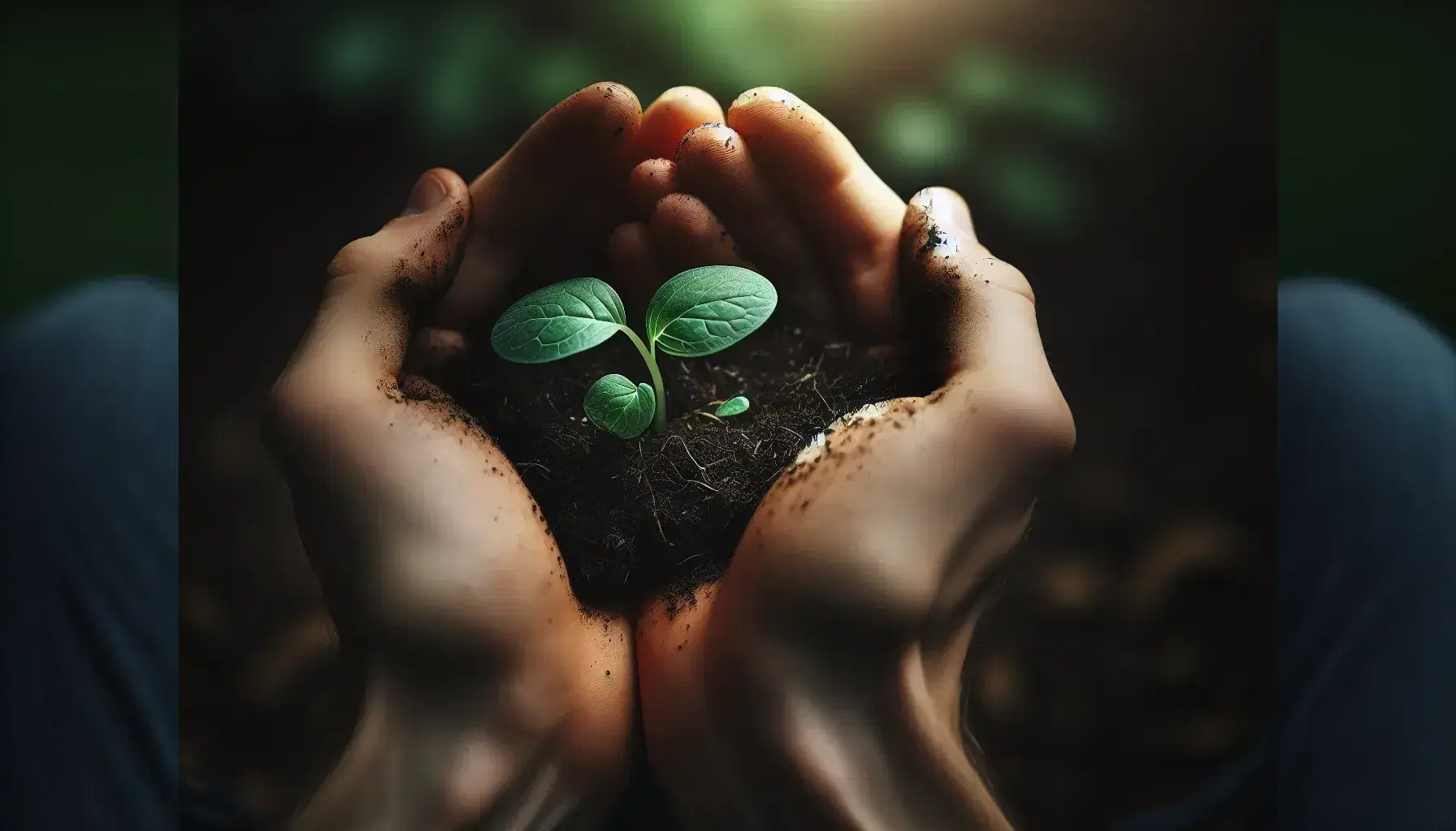 Manos sosteniendo cuidadosamente un brote verde con raíces y tierra, simbolizando el crecimiento y la conexión con la naturaleza en un fondo desenfocado.