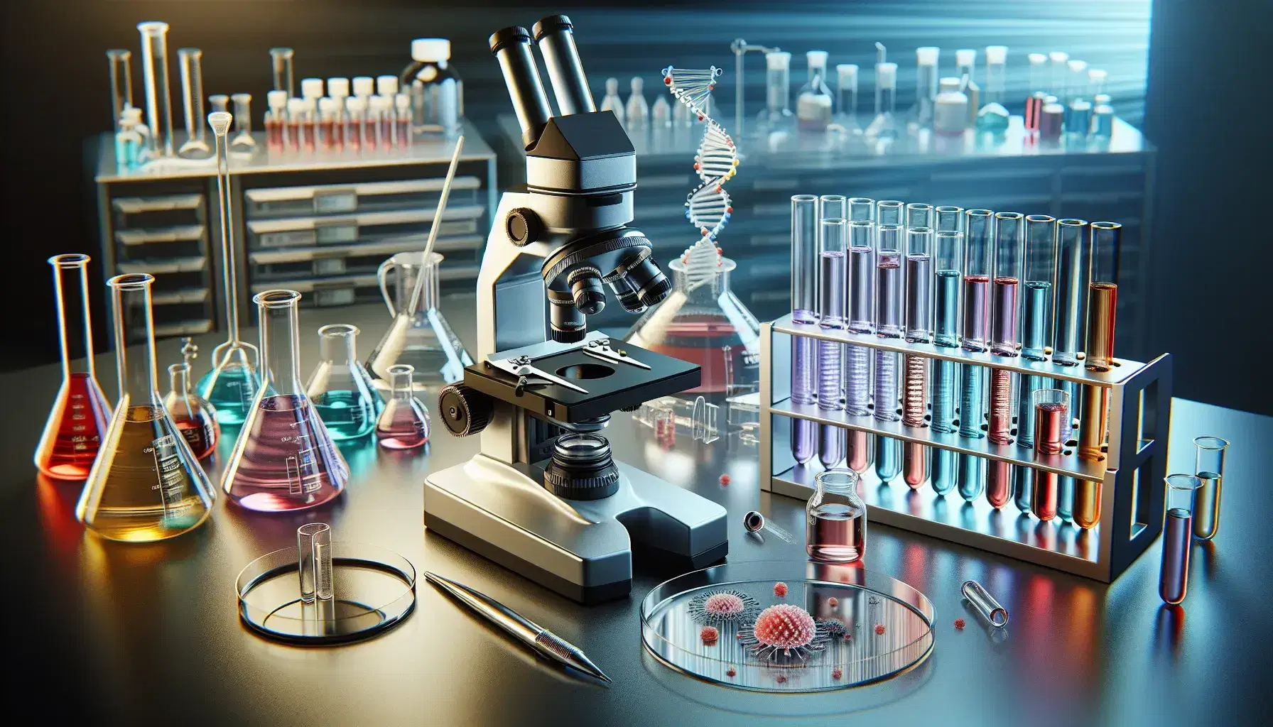 Laboratorio scientifico con microscopio moderno, provette colorate, piatto di Petri e modello DNA a doppia elica.