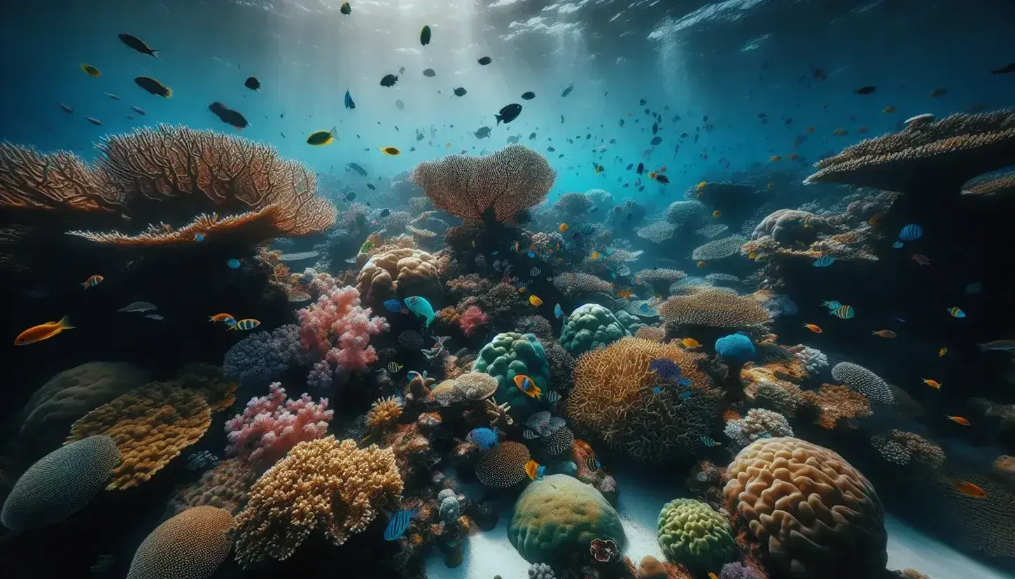 Arrecife de coral submarino con corales de colores variados y peces tropicales, luz solar filtrándose y silueta de buceador al fondo.