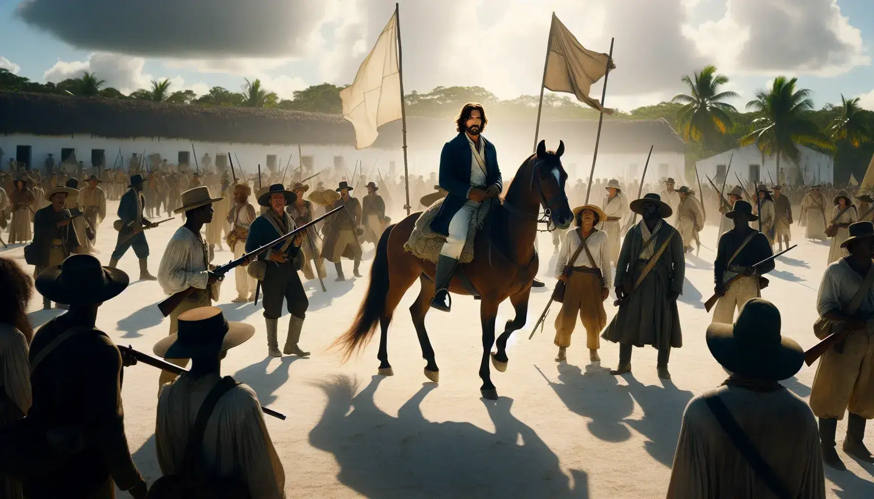 Grupo de personas en atuendos coloniales con hombre a caballo sosteniendo bandera blanca, rodeado de soldados armados en un entorno tropical.