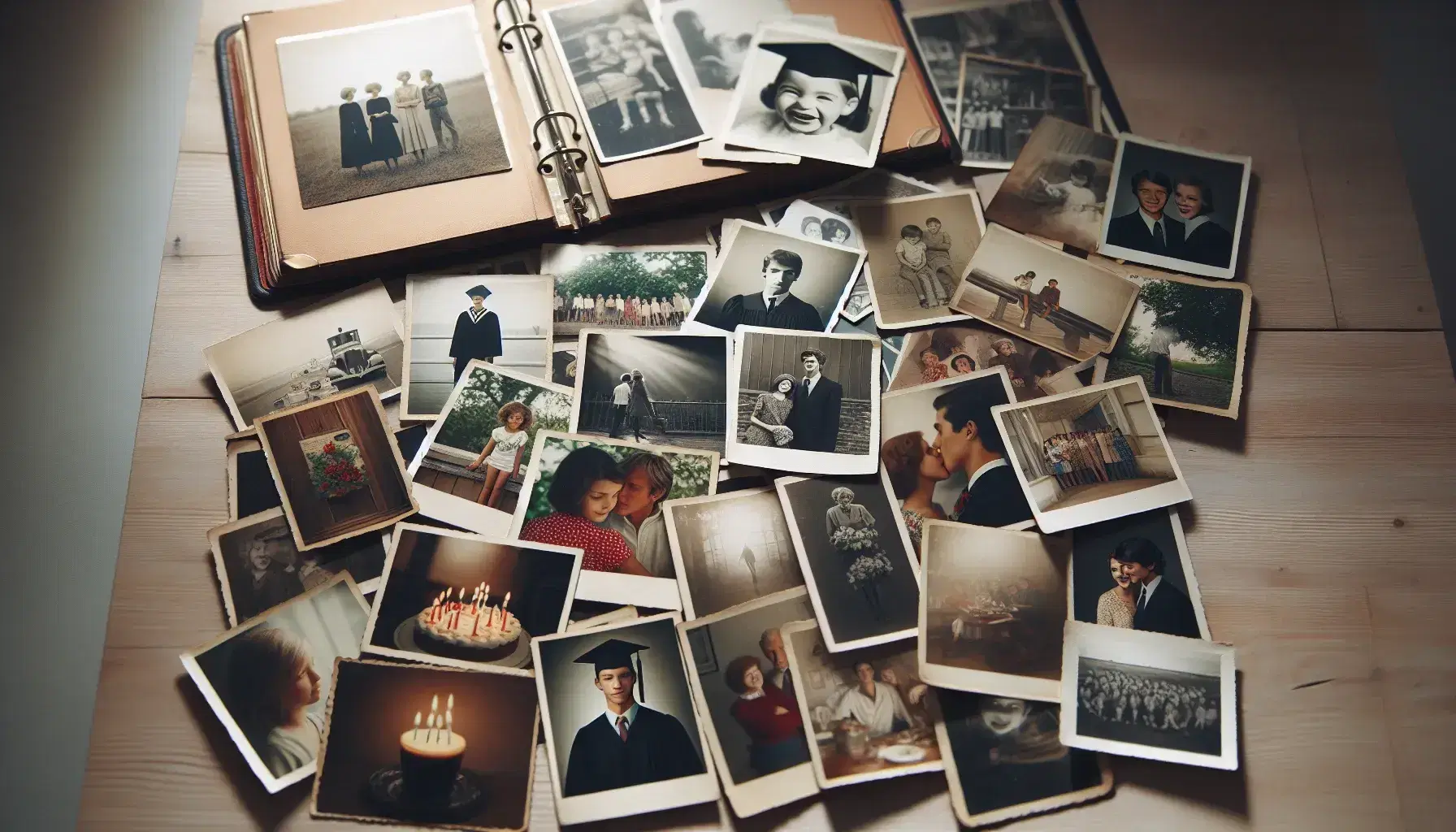 Colección de fotografías antiguas y recientes con momentos familiares sobre superficie de madera clara, incluyendo celebraciones y reuniones, bajo iluminación natural.