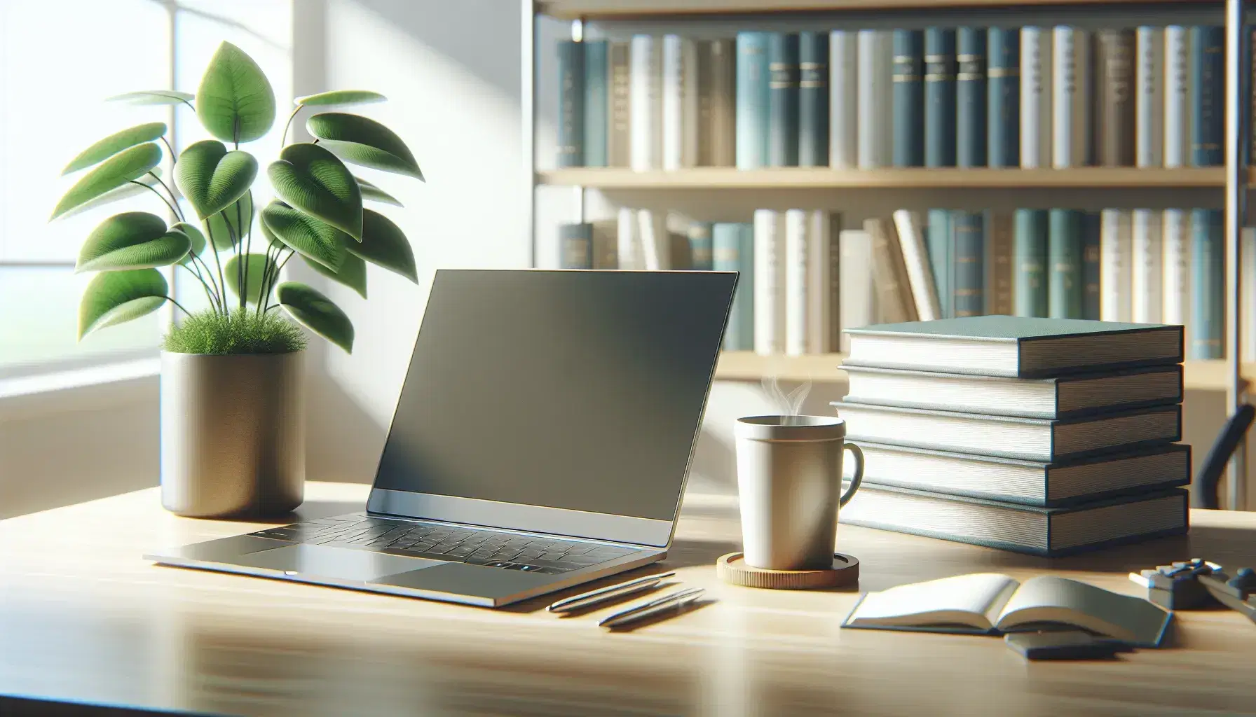 Tidy desk with modern laptop, green plant, cup of coffee and stacked books, in an office with soft lighting.