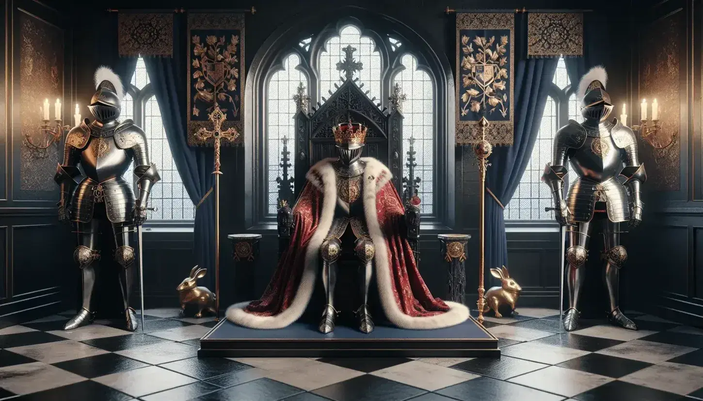 Scena medievale con sovrano in trono, corona d'oro e scettro, armature di cavaliere, spade incrociate e stendardi con leoni.