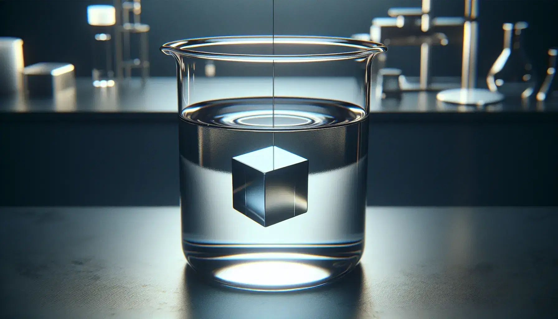 Transparent beaker with clear liquid and submerged metal cube on dark lab bench, another cube suspended above by a thread, soft lighting.