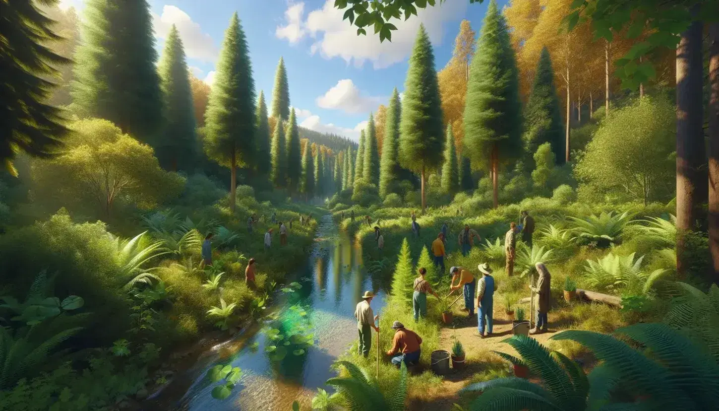 Lush green forest with diverse trees, fern-covered floor, and a sparkling stream, as people of various ages plant saplings in a conservation effort.