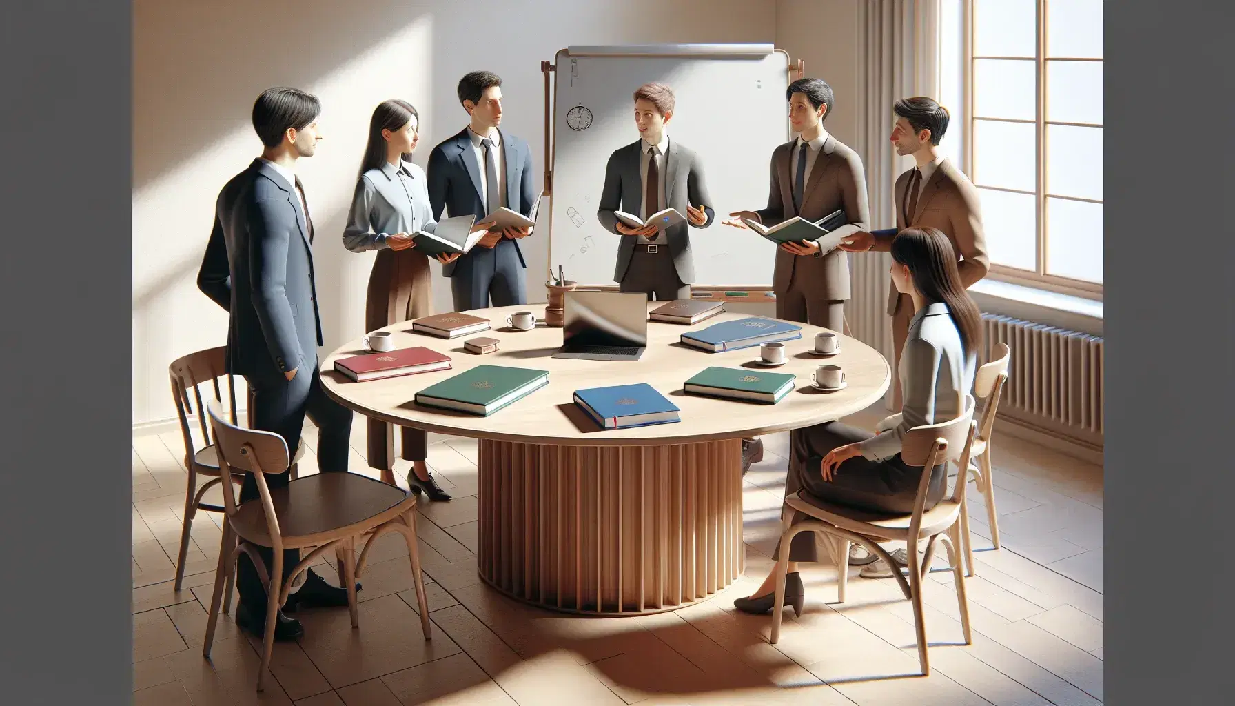 Grupo de cinco profesionales en reunión de trabajo alrededor de una mesa redonda con portátil, libretas y tazas de café, en una oficina iluminada naturalmente.