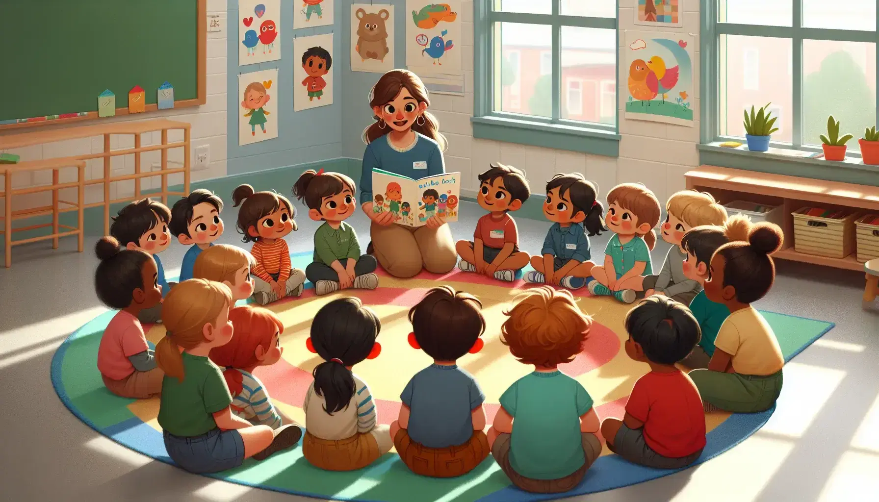 Bambini di diverse etnie ascoltano una maestra leggere un libro illustrato seduti su un tappeto colorato in una classe luminosa.