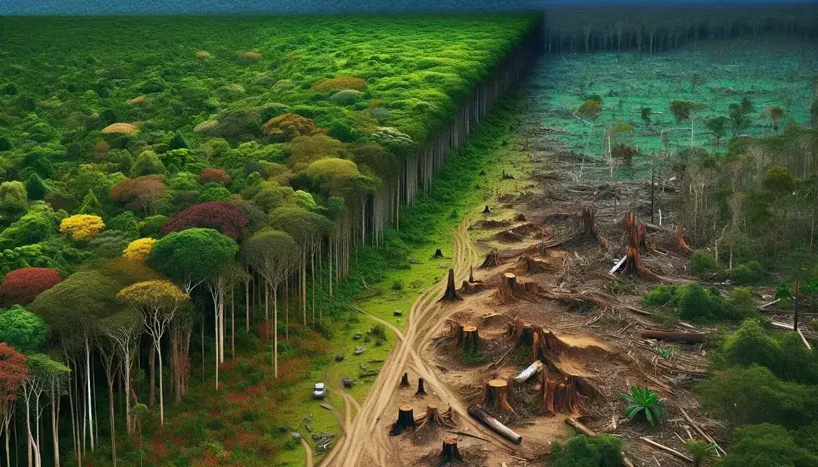 Contrasting landscape with lush forest on the left and barren terrain on the right, signs of deforestation and cautious wildlife in the foreground.