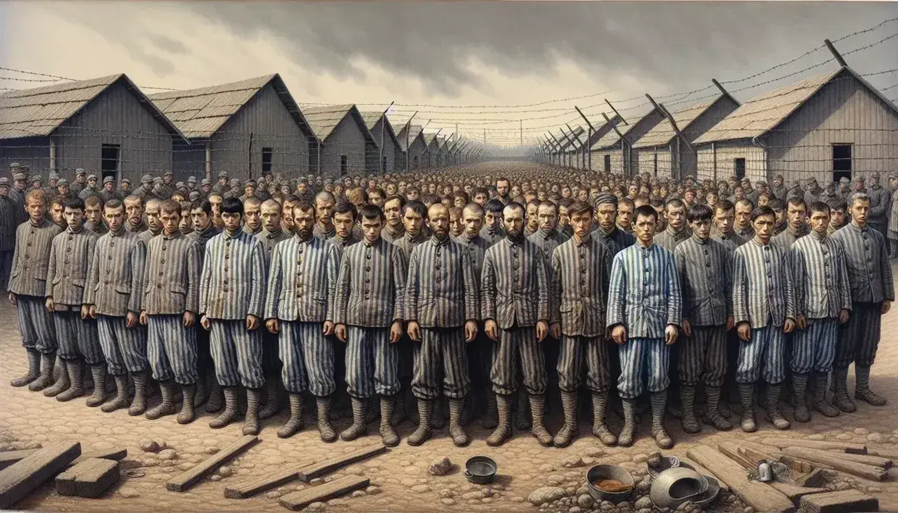 Gruppo di persone in uniformi a righe grigie e blu, stanche, con oggetti come ciotole, davanti a baracche di legno e filo spinato, in un ambiente polveroso e opprimente.