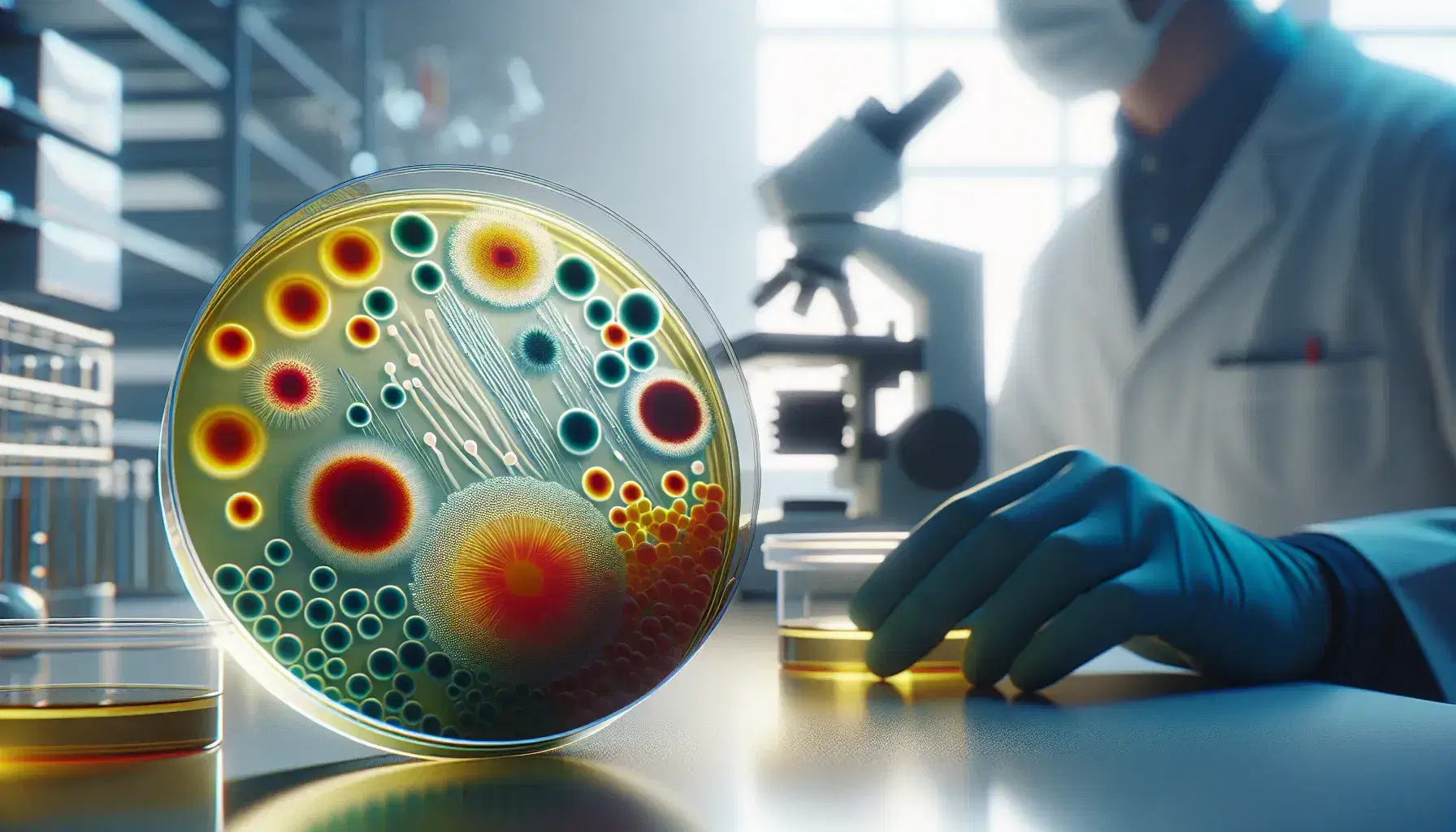 Close-up view of a petri dish with colorful bacterial colonies on agar, with a blurred researcher examining another dish in a lab setting.