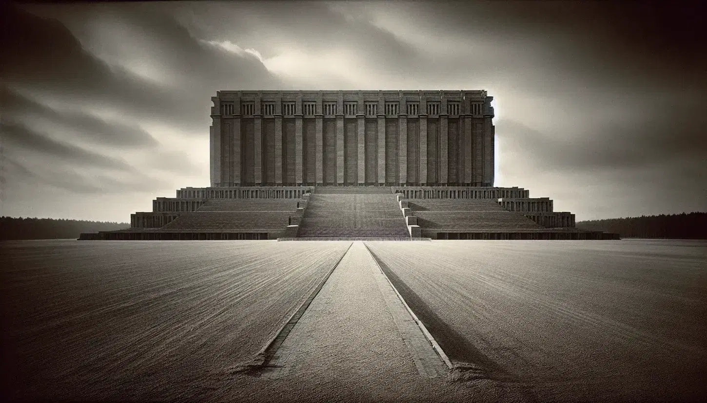 Historical rally grounds with a grandstand designed for an airship, featuring large stone pillars and a wide staircase leading to a podium under an overcast sky.
