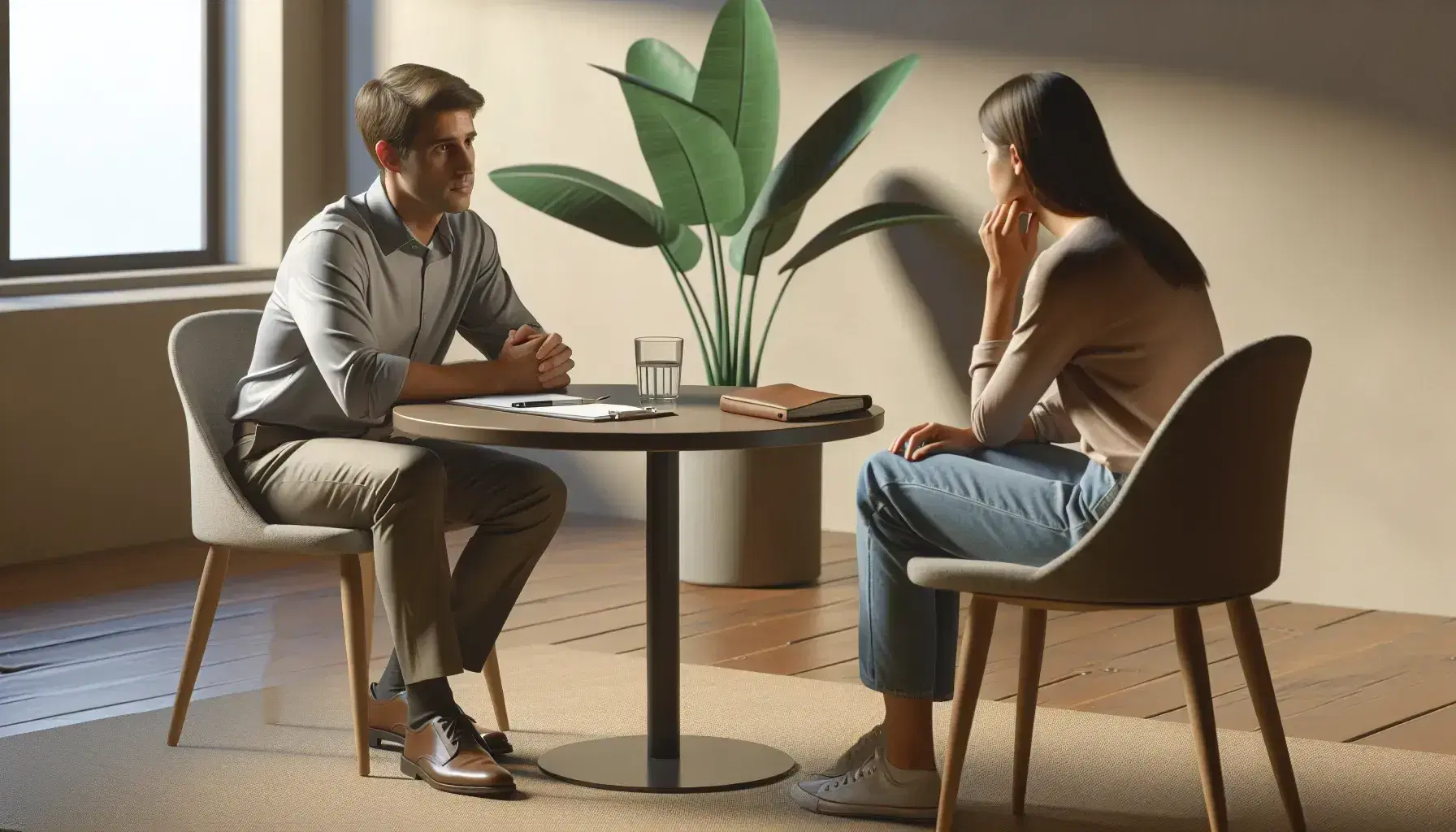 Two people conversing in a quiet office, a crisis intervention professional listens to a worried individual, table with notebook and pen, calm environment.
