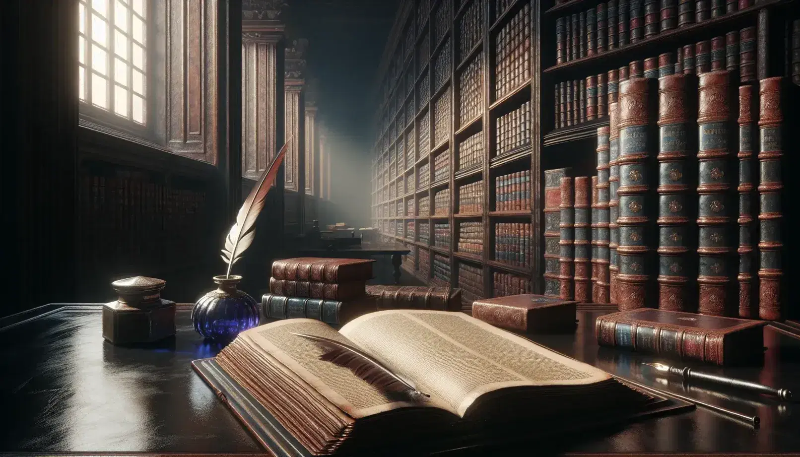 Biblioteca antica con libro aperto in pelle marrone su tavolo legno scuro, piuma d'oca e calamaio blu cobalto, scaffali colmi di volumi.