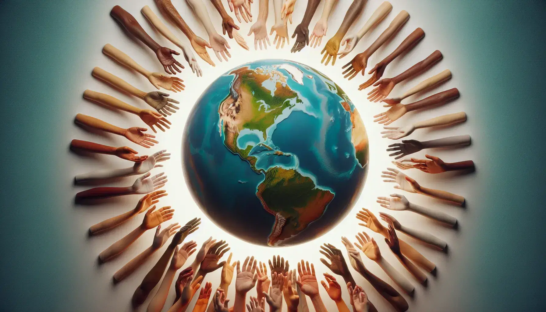 Globo terráqueo realista con continentes en tonos verdes y marrones y océanos azules, rodeado de manos diversas extendidas hacia él en fondo blanco.