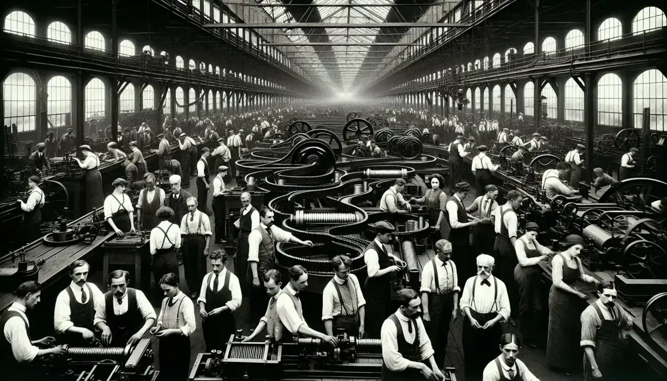 Early 20th-century factory floor with diverse workers engaged in machinery assembly, highlighting the industrial era's working conditions.