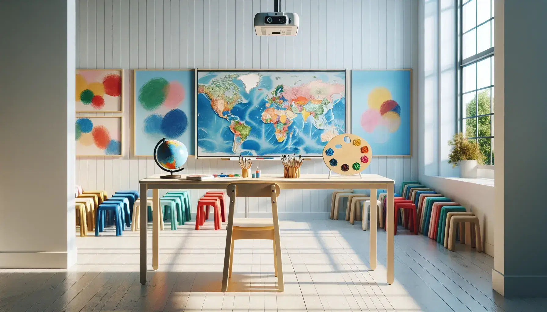 Aula colorida con mesa de madera, globo terráqueo, paleta de pintura y pinceles, pizarra blanca magnética, proyector apagado y sillas apiladas.