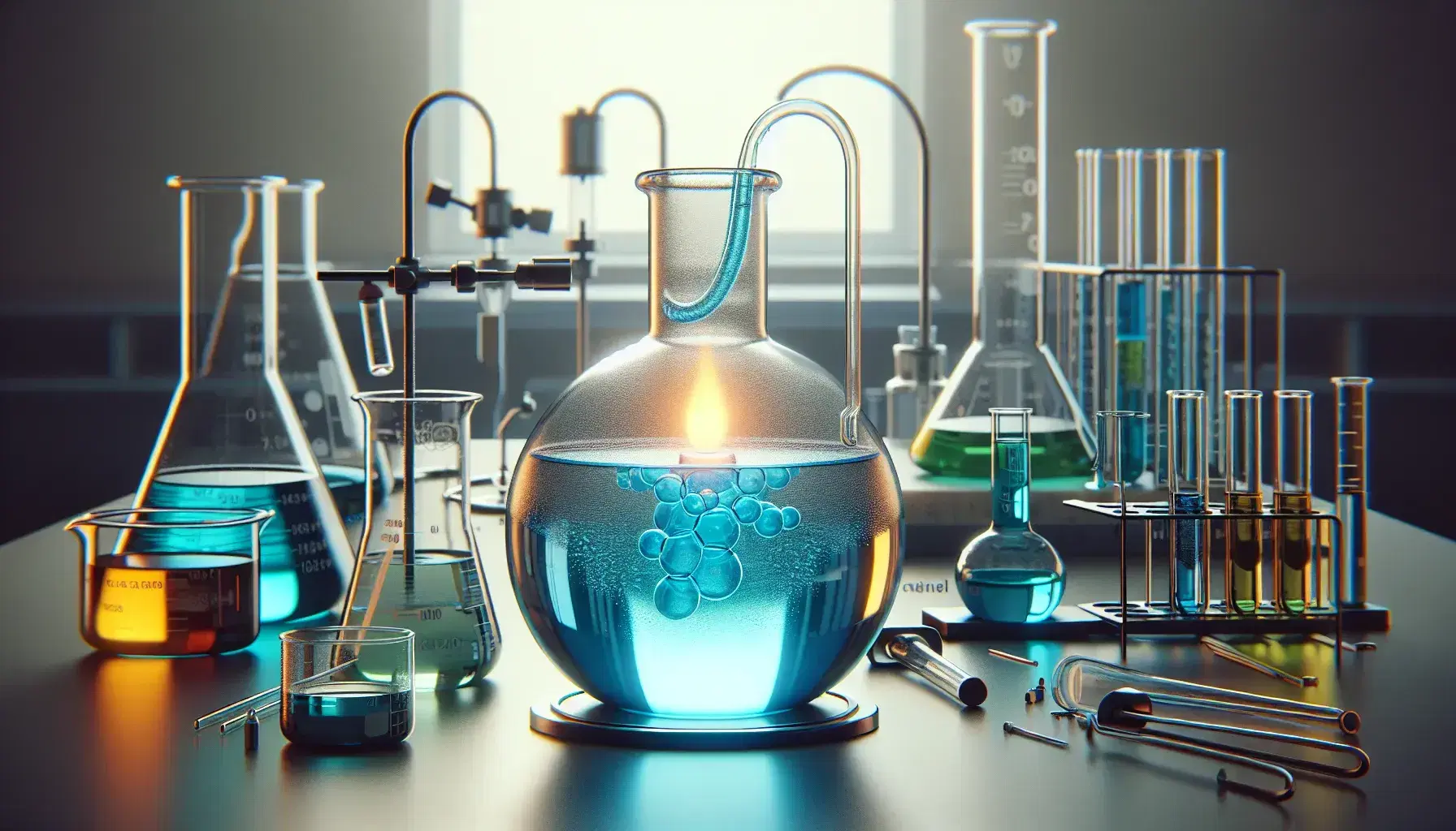 Laboratory with round bottom flask containing blue liquid connected to condenser, lit Bunsen burner, test tubes and various equipment.