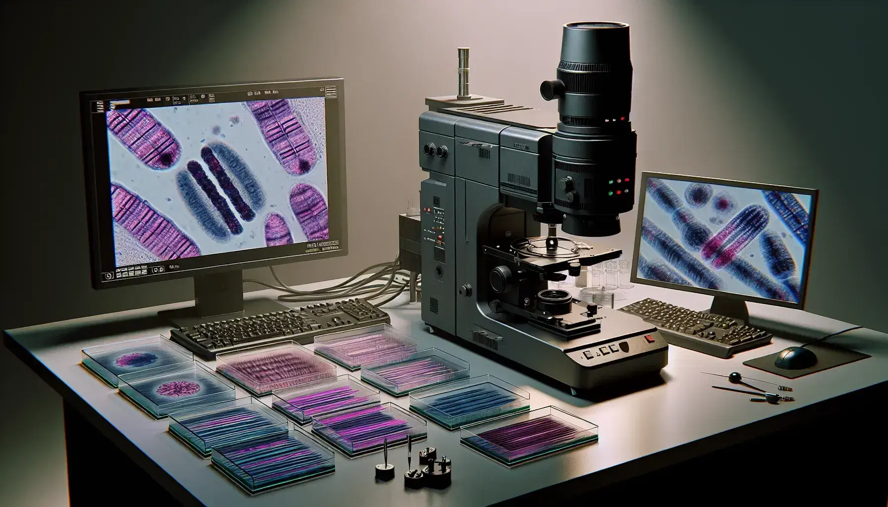 Microscopio elettronico a trasmissione in laboratorio con vetrini preparati e schermo computer mostrante cromosomi umani in metafase.