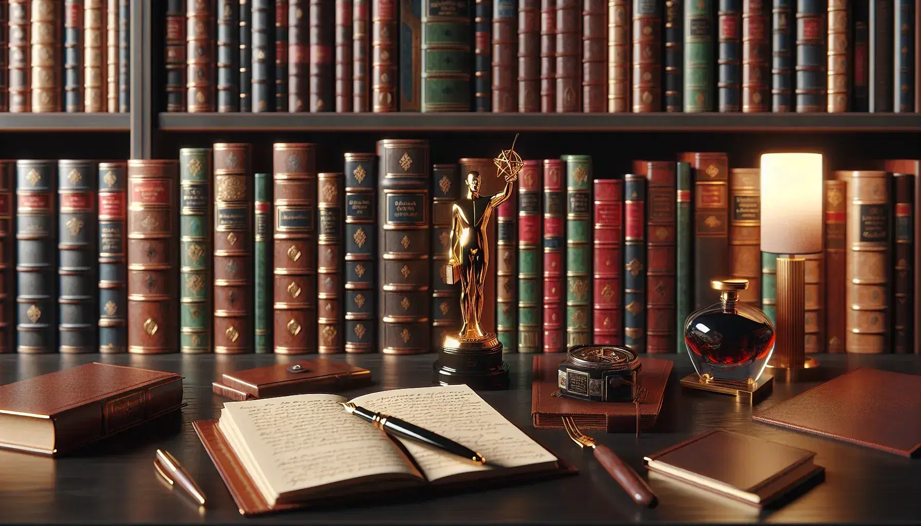 Libreria in legno scuro con libri rilegati in pelle, statuetta dorata, penna stilografica e quaderno su sfondo sfocato.