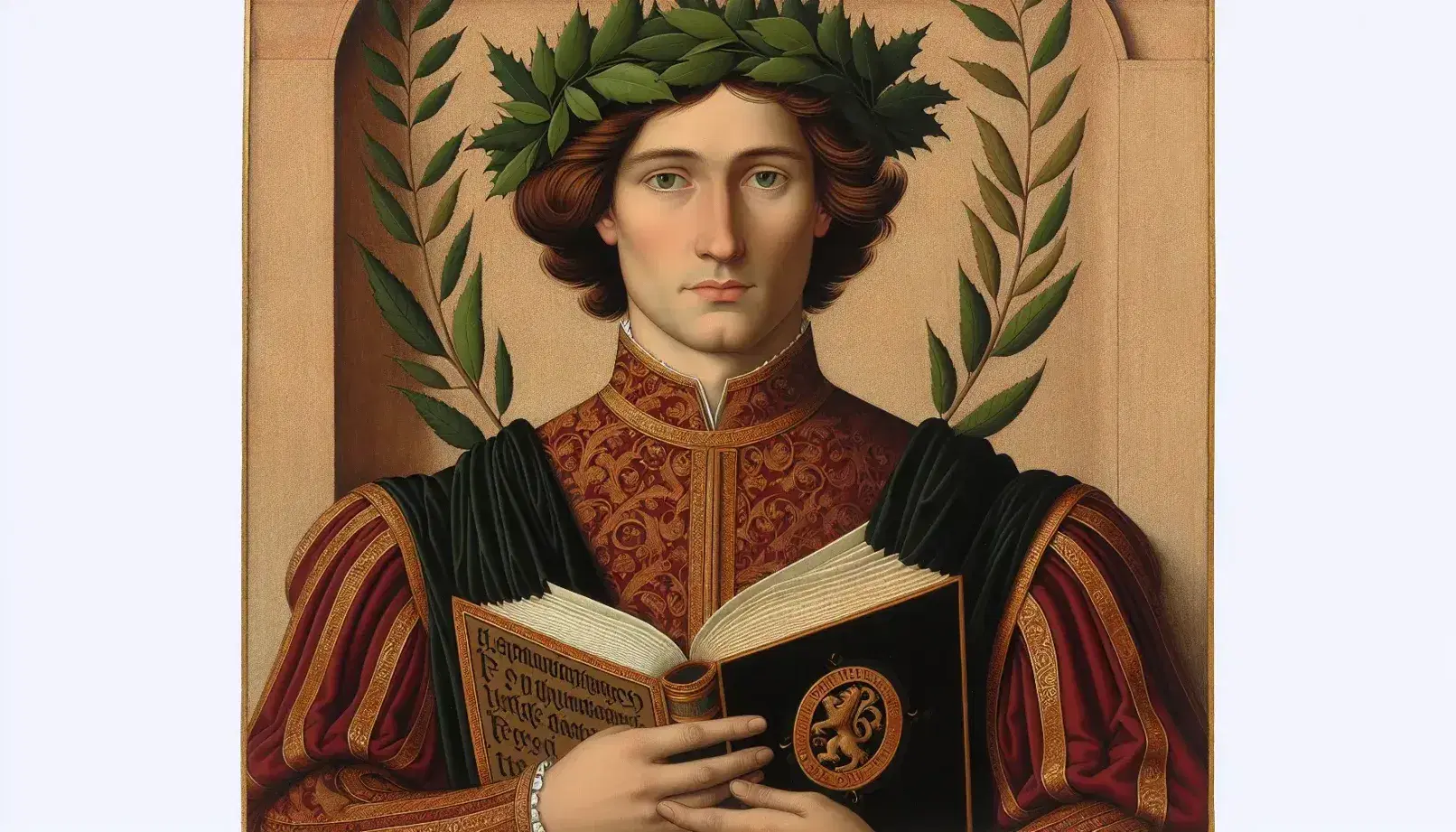 Ritratto uomo quattrocentesco con corona d'alloro verde, veste rossa e oro, tiene libro antico aperto, sfondo sfumato marrone-beige.