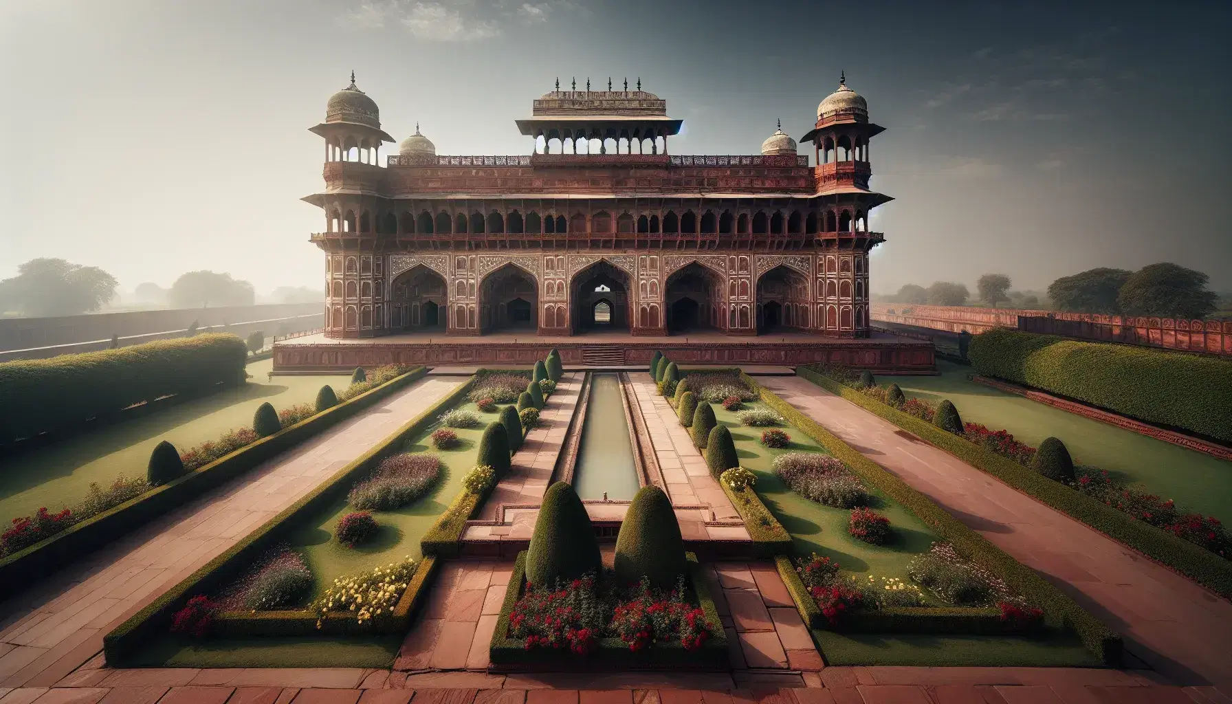 Majestic Jahangir Mahal in Agra Fort with red sandstone architecture, ornate balconies, and lush garden against a clear blue sky.