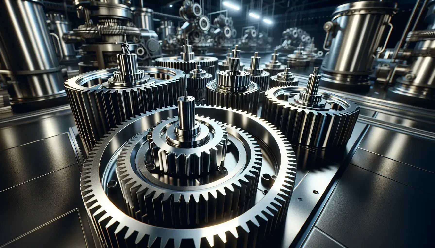 Engranajes metálicos interconectados con acabado pulido reflejando luz en un entorno industrial automatizado sin presencia humana.