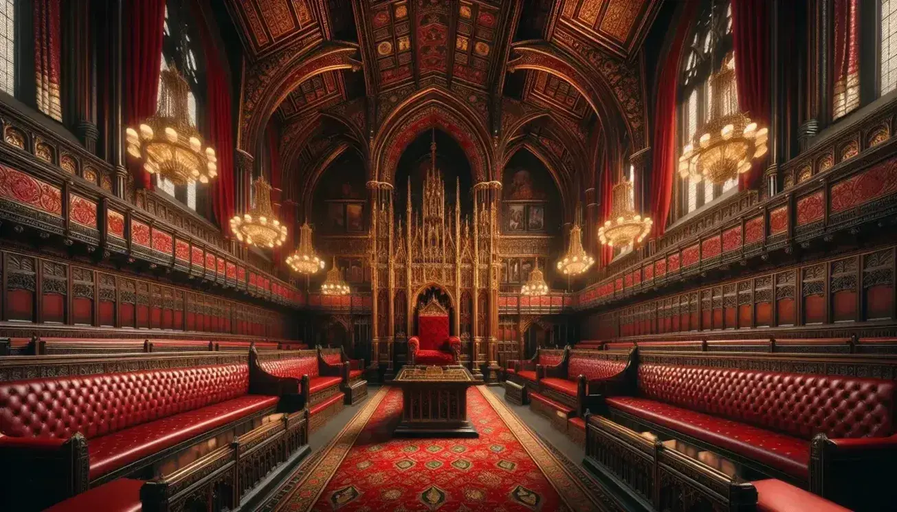 Opulent red and gold parliamentary hall with rows of velvet benches, a grand throne, ornate table, and lavish chandeliers, exuding historical grandeur.