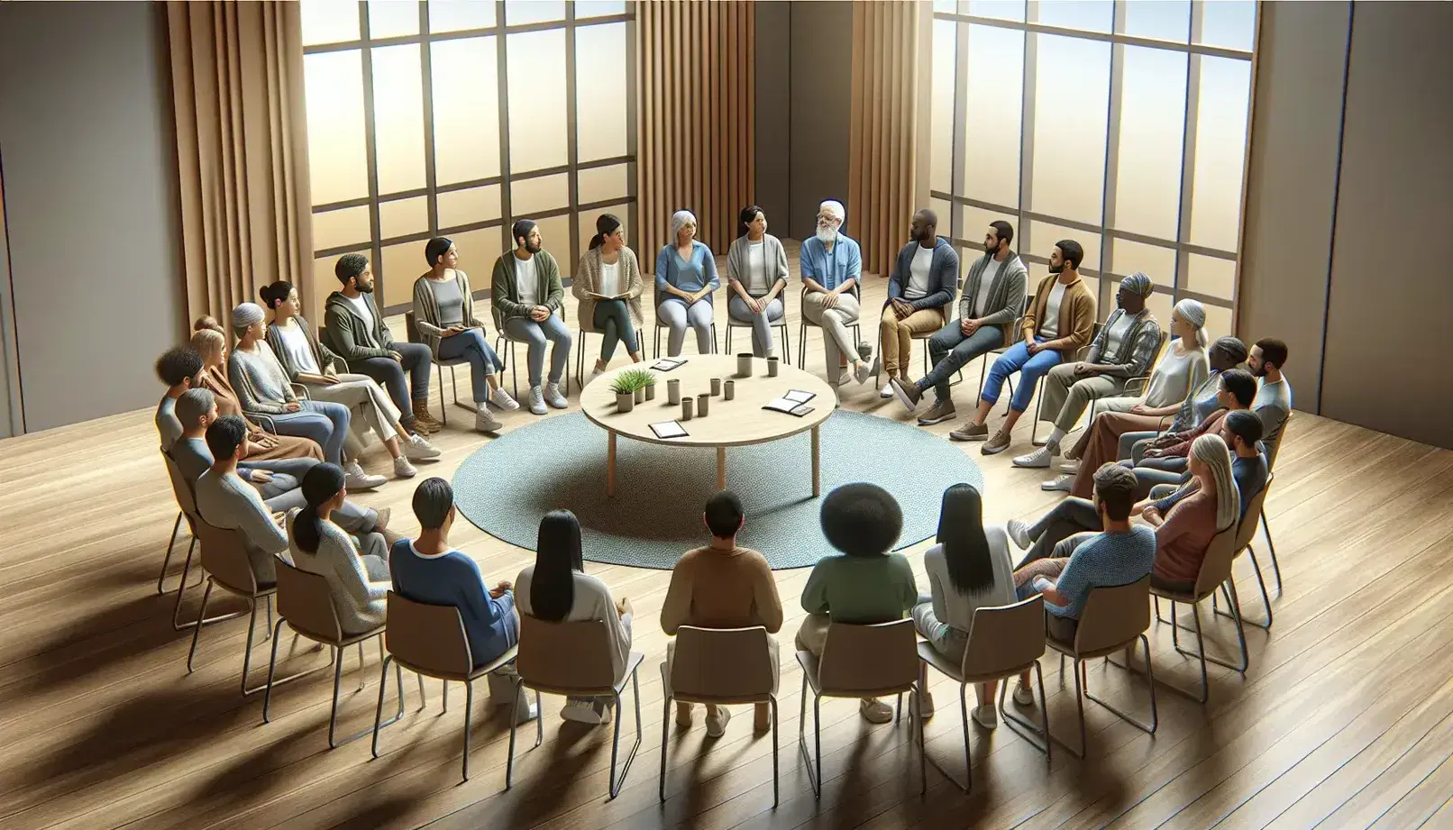Multi-ethnic group of people sitting in a semi-circle around a round table in a bright room, engaged in a lively community discussion.