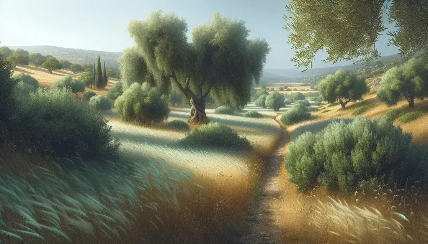 Sentiero campestre serpeggiante tra erba alta e alberi di ulivo con campo di grano dorato e macchia mediterranea sotto cielo azzurro.