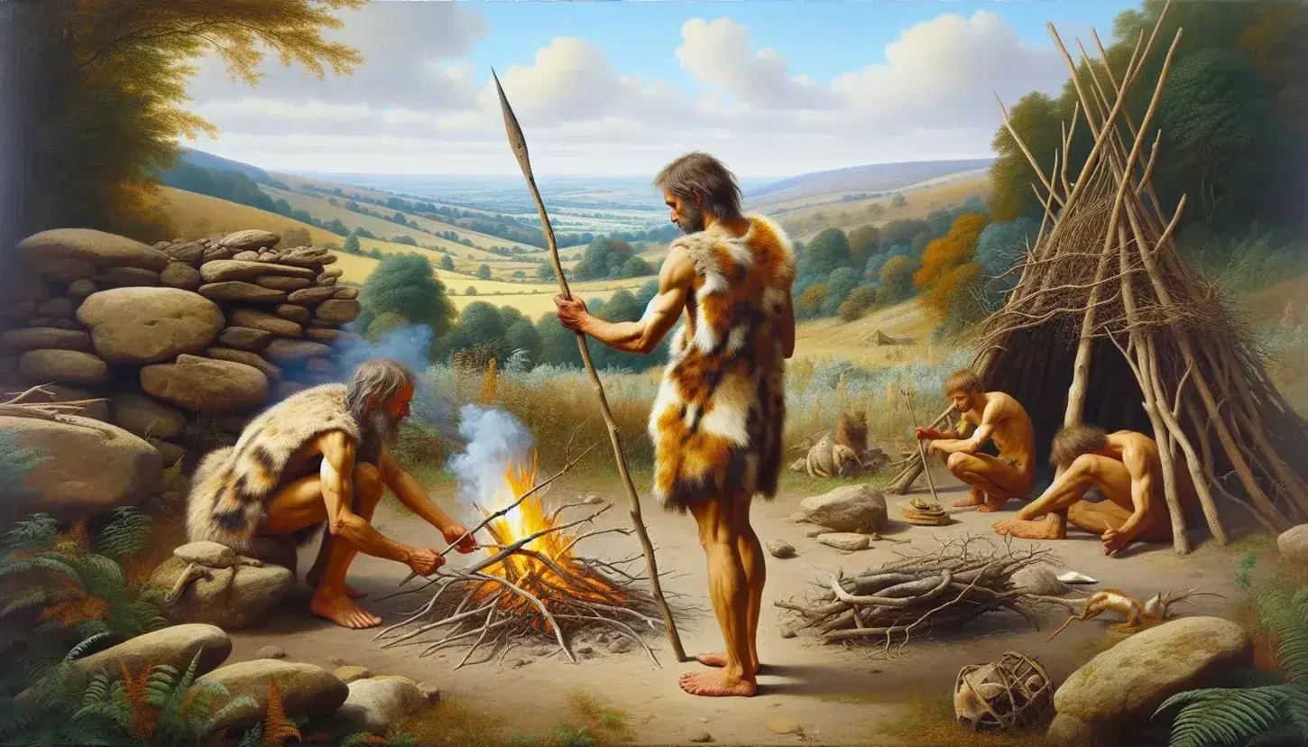 Figuras humanas con vestimentas de piel en un entorno natural, una de pie con lanza y otra agachada junto a fuego, con refugio rústico y colinas al fondo.